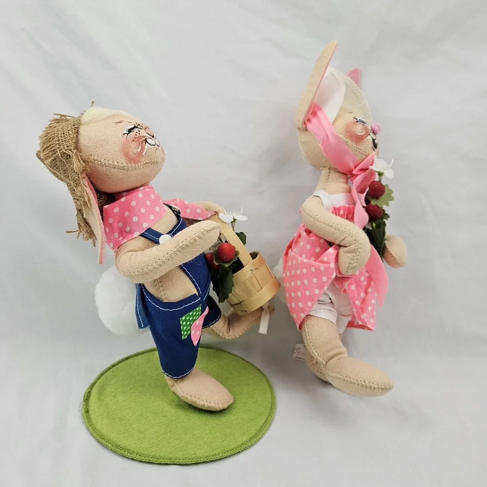 Annalee Mobility Dolls Farmer Rabbit Boy Girl Bunny Plush Vintage Easter